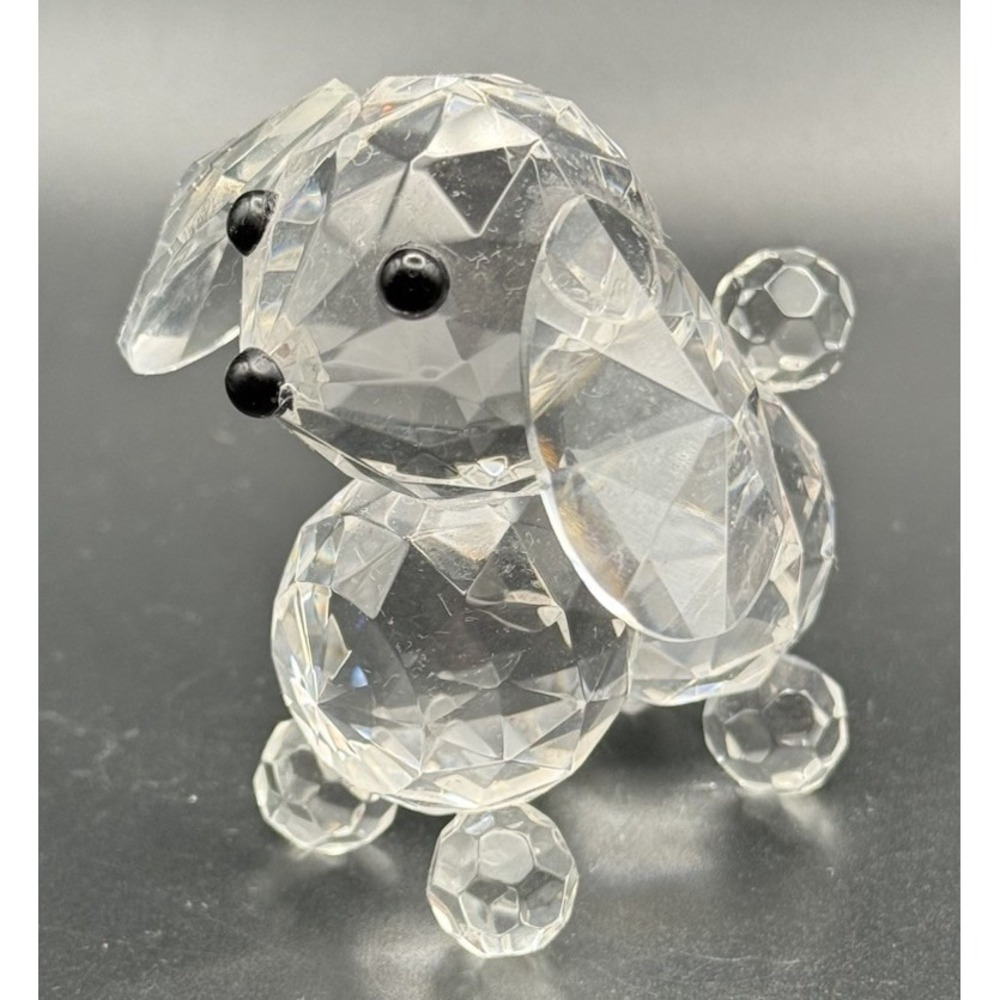 Vintage Crystal Standing Poodle Dog Figurine Clear Glass Black Eyes & Nose EUC